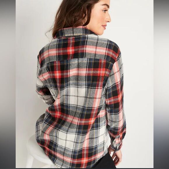 Old Navy Oversized Red Cream Plaid Flannel Boyfriend Tunic Shirt Size Large - Picture 1 of 10